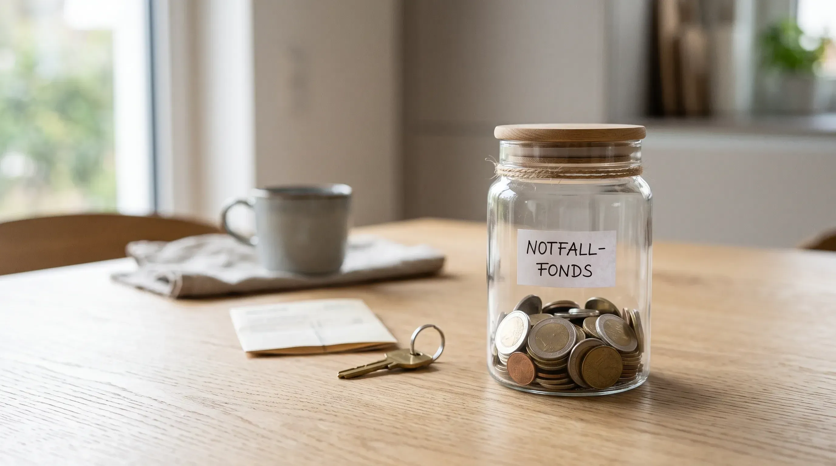 Glas mit angesparten Münzen als finanzielle Reserve für unerwartete Ausgaben.